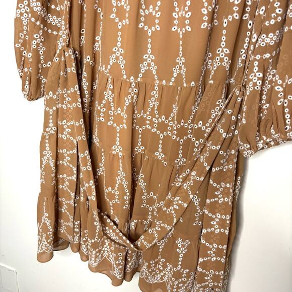 Shoshanna Torres tan and white long sleeve eyelet dress with tie waist women's 6 - Picture 7 of 9